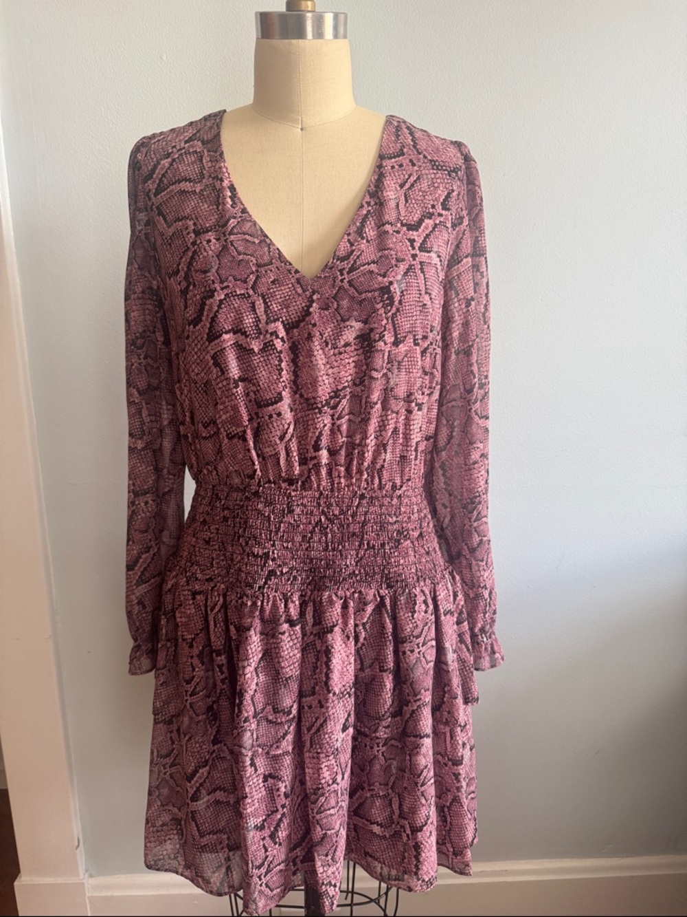 1. State Pink Snake-Print V-Neck Long Sleeve Smocked Dress